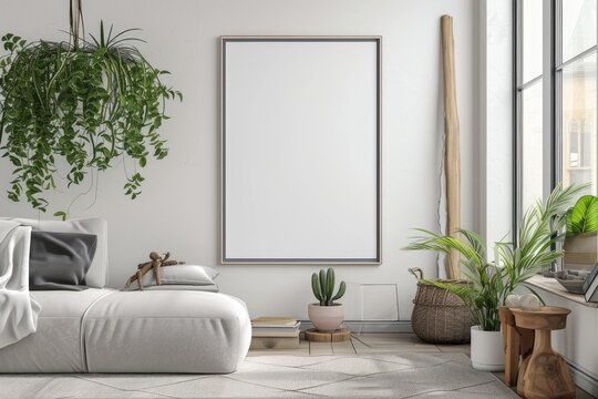 Frame mockup, ISO A paper size. Living room wall poster mockup. Interior mockup with house background. Modern interior design