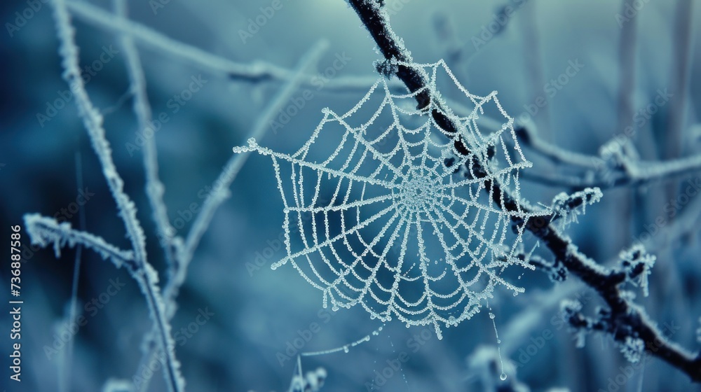 Wall mural a close up of a spider web on a tree branch with ice on the drops of the spider's web.