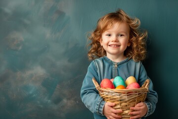 little girl with basket of eggs