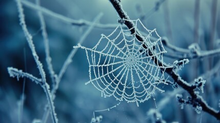  a close up of a spider web on a tree branch with ice on the drops of the spider's web.