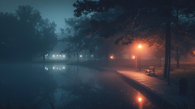  a foggy night in a park with a bench and lampposts on the side of a lake with a bench in the foreground.