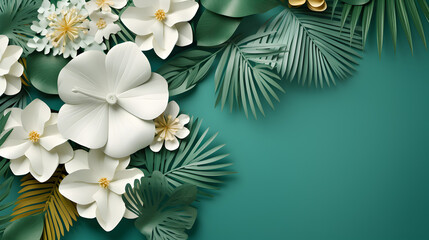 Summer background with tropical leaves and hibiscus flowers,,
White empty card on a green background with white flowers poster
