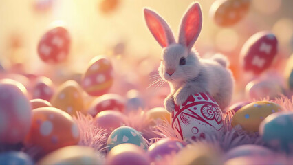 cute bunny sold Easter eggs in spring nature with soft light and dreamlike theme background