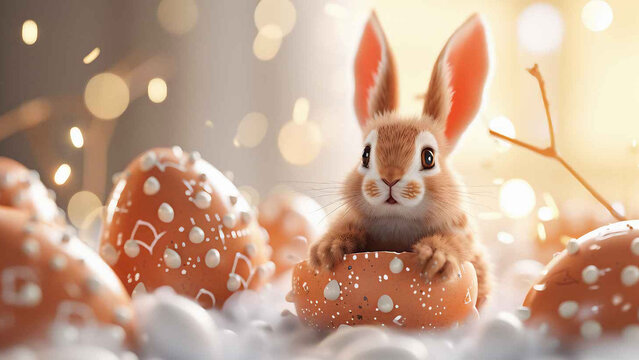 cute bunny sold Easter eggs in spring nature with soft light and dreamlike theme background