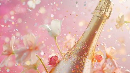 gold champagne bottle with pastel color confetti and spring flowers flying around, pastel pink background, spring celebration