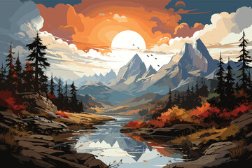 Sunset in the mountains and river landscape scene vector illustrations.
