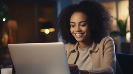 Smiling young African woman shopping online. Laptop, credit card. Spending money concept. Surfing internet shopping online via laptop