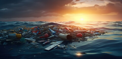 Collection of rubbish floating on the ocean in the photo in the afternoon. generative AI - obrazy, fototapety, plakaty