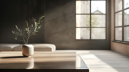 Fototapeta premium A modern living room, industrial style, black wall, dried flowers and a wooden table.