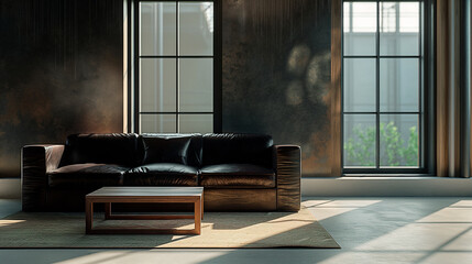 A modern living room, industrial style, black walls, bricks and a leather couch.