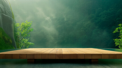 Wooden table or platform with natural landscape in the background for product presentation and advertising.