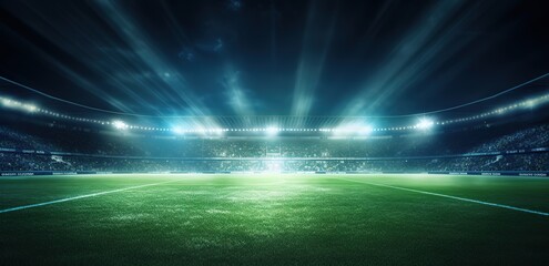 A large football stadium with green grass and spotlights from above. generative AI - obrazy, fototapety, plakaty