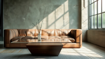 A modern living room, industrial style, black walls, bricks and a leather couch.