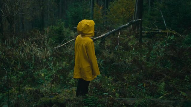Cinematic shot of girl in yellow raincoat standing in the woods during hike in the mountains. Young tourist or hiker looks at rainy forest and enjoys nature. Outdoor exploration concept. Slow motion.