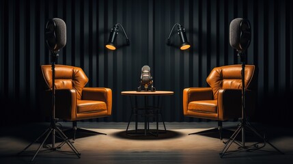 _two_chairs_and_microphones_in_podcast_or_interview concept 4k ai generated pro photo