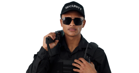 Man, security guard and surveillance for crime protection or danger prevention, safety or inspection. Male person, uniform and sunglasses or isolated transparent png background, patrol or detective