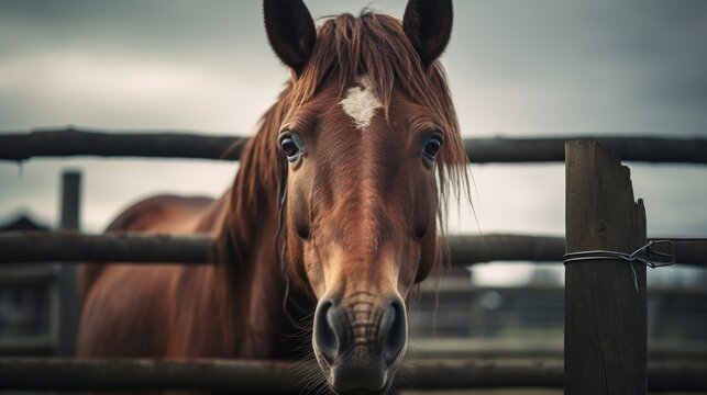 a brown horse with a white spot on it's forehead standing in front of a fenced in area.