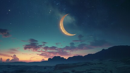 Obraz na płótnie Canvas An ornate Ramadan crescent moon hanging in the night sky, radiating a soft glow over the landscape. 8K