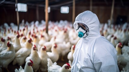 The veterinarian is wearing a white protective suit, gloves and a medical mask around the white chickens. A pandemic in a poultry farm.