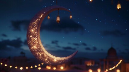 An ornate Ramadan crescent moon hanging in the night sky, radiating a soft glow over the landscape....