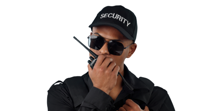 Man, officer and security with radio for communication or surveillance in legal danger, helping or crime. Male person, uniform and walkie talkie or isolated transparent png background, talk or patrol - Powered by Adobe