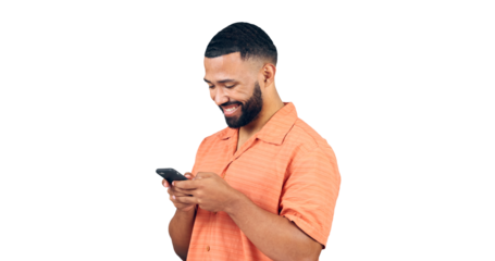 Happy man, phone and typing for social media, communication or networking on a transparent PNG background. Isolated or young male person with smile on mobile smartphone for online chatting or texting