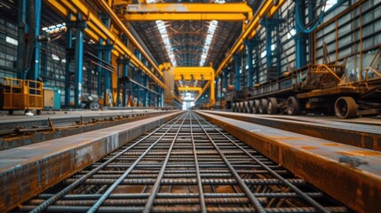 Fototapeta premium Rod wire steel bar metal storage in warehouse for construction