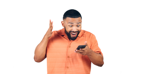 Excited man, phone and surprise with good news in celebration for winning on a transparent PNG background. Isolated or happy male person in shock or wow for amazing deal or prize on mobile smartphone