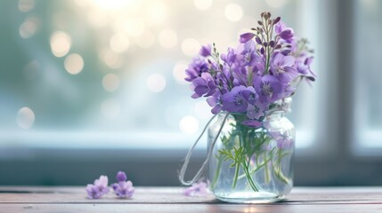  a glass jar filled with purple flowers sitting on top of a wooden table next to a white window sill.