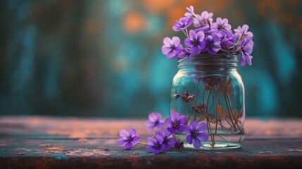  a jar filled with purple flowers sitting on top of a wooden table in front of a forest filled with trees.