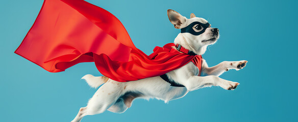 super dog with red cape flying on blue background, AI generated