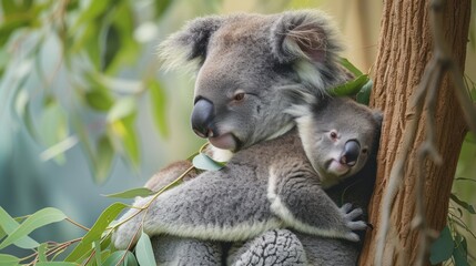 Fototapeta premium a couple of koalas sitting on top of a tree next to a leafy green tree branch in a forest.