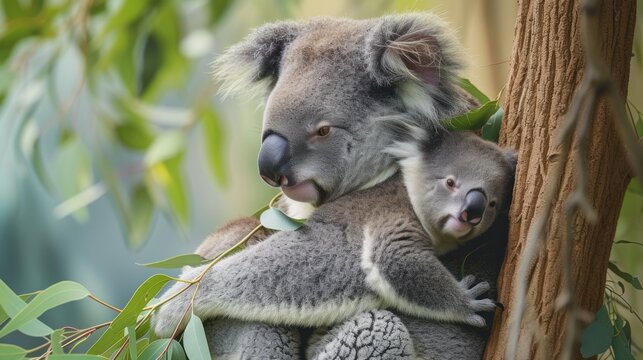  a couple of koalas sitting on top of a tree next to a leafy green tree branch in a forest.