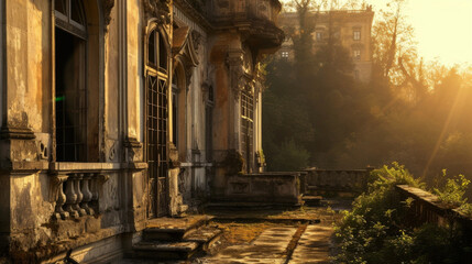 Stripped of its former grandeur an old palace is given new life in the gentle light of sunset.
