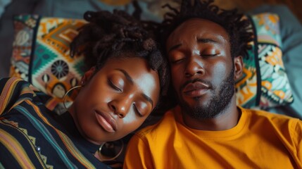 Obraz na płótnie Canvas Sleepy black couple missed alarm ring in the morning indoor