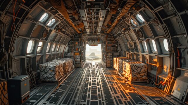The interior of a military transport plane with cargo or aid for Ukraine.