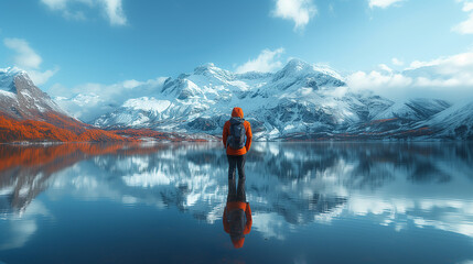 Beautiful stunning impressive winter lake landscape with snow mountain reflecting water clam lake with a backpacker person traveller in jacket travel nature background concept.