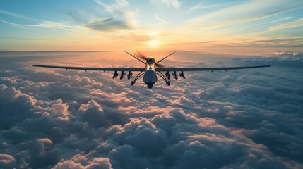 Unmanned military drone flying in the sky above the American technology clouds
