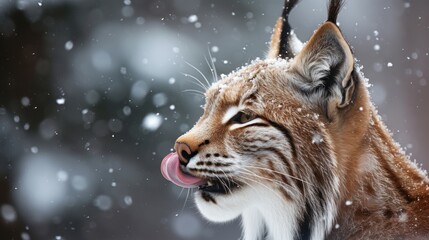 Fototapeta premium a close up of a lynx with its tongue out and snow falling on it's face and it's tongue hanging out.