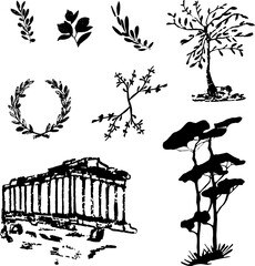 Set of Greece elements with transparent background. Vector illustrations.Black and white drawings.Design for logo,travel cards,print,poster.Olive crown,olive tree,acropolis,olive branch.