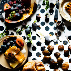 A Background with Restaurant, bread, olives, berries, sugar, honey, black berries