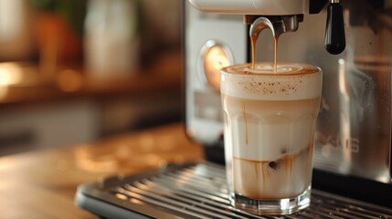 White coffee machine making caffe latte into a transparent glass on the kitchen