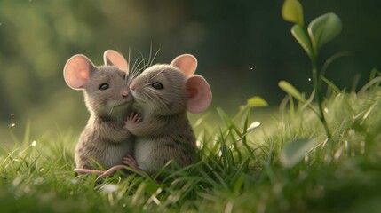  a couple of mice sitting on top of a lush green grass covered field next to a green leafy tree.