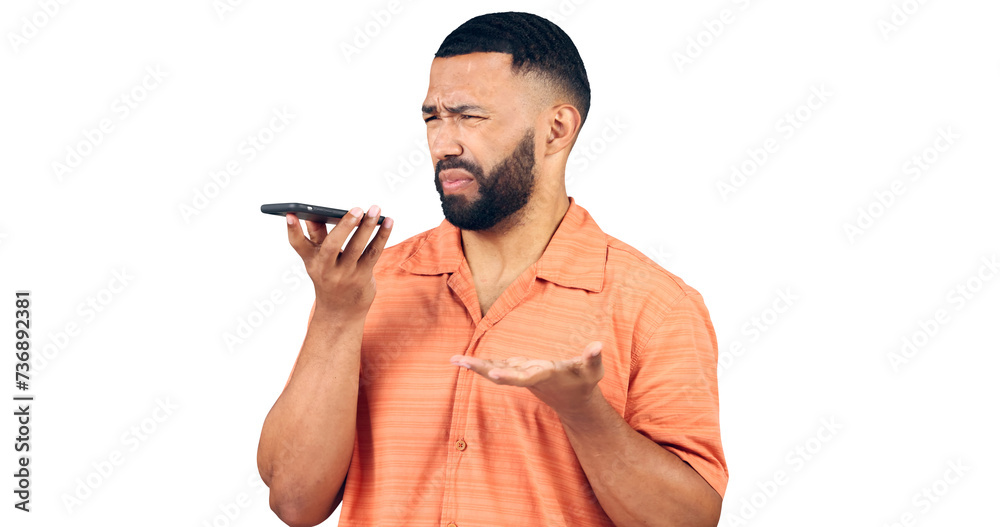 Aufkleber Man, phone call and connection fail for talking, notification and technology for record or speaker. Brazil person, question and network error with 404 and isolated on a transparent png background