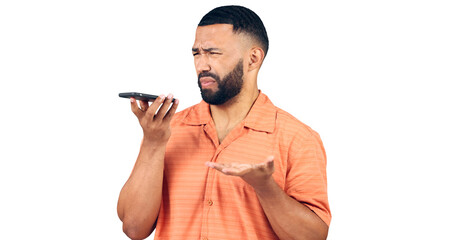 Man, phone call and connection fail for talking, notification and technology for record or speaker. Brazil person, question and network error with 404 and isolated on a transparent png background