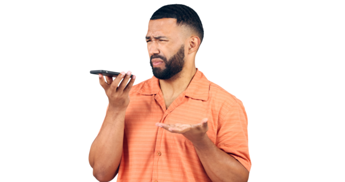 Man, phone call and connection fail for talking, notification and technology for record or speaker. Brazil person, question and network error with 404 and isolated on a transparent png background