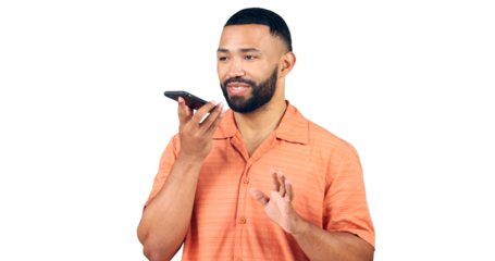 Happy man, voice and phone call with talking on loudspeaker, communication and online connection. Model, speaking and cellphone with networking, social and isolated on a transparent png background
