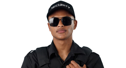 Man, security guard and surveillance or crime safety in danger prevention, investigation or inspection. Male person, uniform and sunglasses or isolated transparent png background, patrol or detective