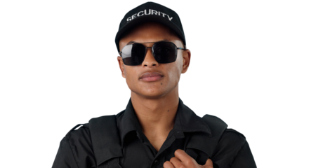 Man, security guard and surveillance or crime safety in danger prevention, investigation or inspection. Male person, uniform and sunglasses or isolated transparent png background, patrol or detective