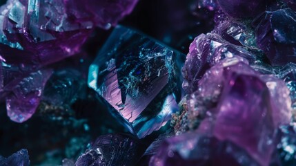 Luxurious dark diamond in deep purple tones. Closeup of precious transparent crystal. Brilliant diamond facets - obrazy, fototapety, plakaty